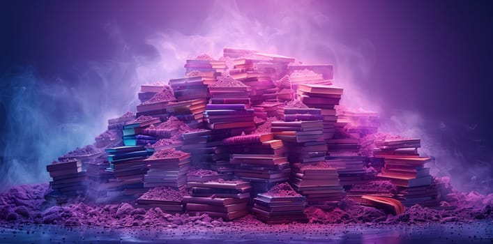 A stack of books in a dark room resembles a city skyline, with various shades of purple and pink creating a surreal atmosphere under a cloudfilled sky
