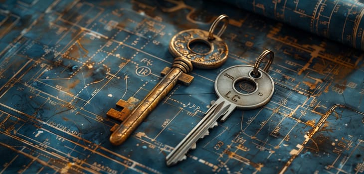 Two keys rest elegantly on a blueprint, one made of bronze and the other a sparkling metal. They are surrounded by Fontinspired symbols, hinting at a deeper meaning