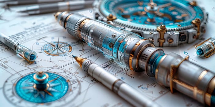 Aquacolored compass and electric blue pen rest on a sheet of paper, ready to create art or engineering sketches. The metal accessories can inspire jewelry or font designs