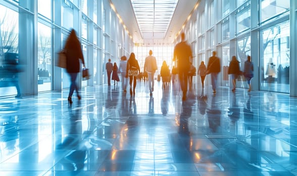 A group of individuals are strolling through a clean, symmetrical hallway with electric blue flooring in a building downtown. They are on their way to an event in the city