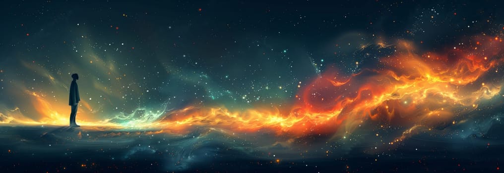 A man is standing in front of a fiery galaxy in the sky, surrounded by clouds and gas. The heat radiates from the astronomical objects in the horizon creating a stunning landscape