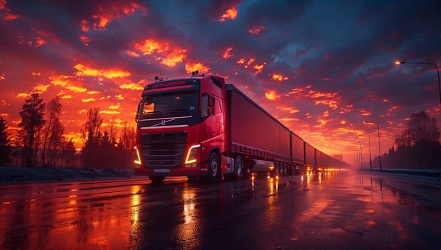 A red semi truck drives on a wet road at sunset, with the sky painted in shades of orange and pink. Automotive lighting reflects on the water, creating a mesmerizing display of colors