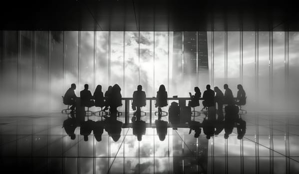 A captivating monochrome photograph capturing a group of people gathered around a table, showcasing symmetry and art in the darkness. A mesmerizing display of entertainment and facade