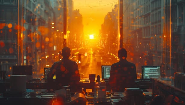 two people are sitting at desks in front of a window looking out at a city at sunset . High quality