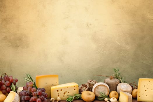 Assorted cheeses with fruits and nuts on a textured background
