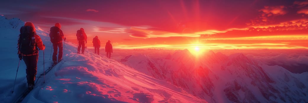 As the group of people walked on the snowy hill, the orange afterglow painted the sky in shades of red, creating a beautiful natural landscape at dusk