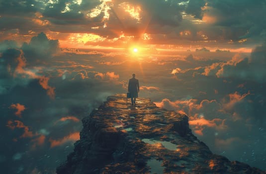 At dusk, a man stands on a mountain summit surrounded by a picturesque natural landscape, with the sky filled with colorful cumulus clouds reflecting the last rays of the sunset