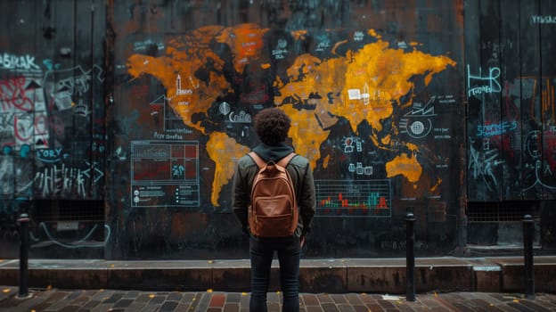 A man with a backpack stands in front of a city wall adorned with a world map mural. The asphalt road is bustling with pedestrians and the heat adds to the vibrant atmosphere
