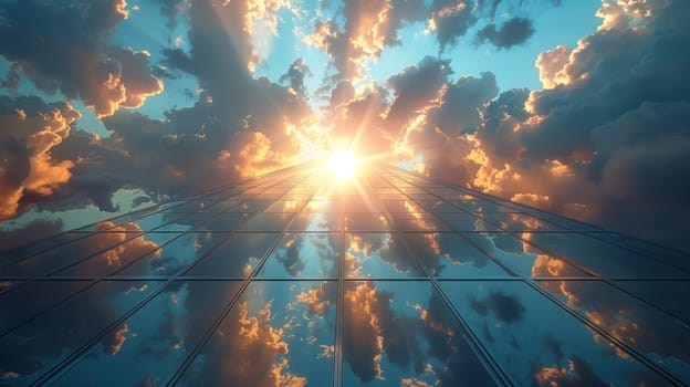 The electric blue sky is dotted with cumulus clouds as the sun shines through, creating a mesmerizing landscape on the horizon