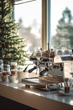 Espresso machine on counter near window with Christmas tree in background.