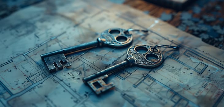 Two keys are elegantly placed on a vibrant map, with an electric blue water pattern. This artistic macro photography showcases a fashionable event backdrop