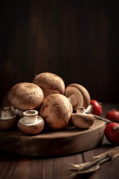 A rustic still life showcasing fresh mushrooms on a wooden surface with tomatoes and cutlery in soft lighting