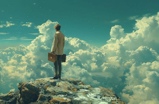 A man stands atop a mountain observing the clouds, surrounded by a stunning natural landscape. His gesture reflects awe and wonder as he gazes at the sky and horizon