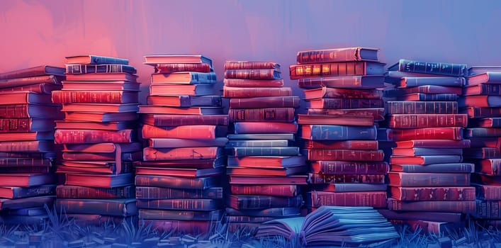 A building made of rows of books stacked on top of each other in a field, under a violet sky blending into electric blue, with a magenta horizon reflecting in the water
