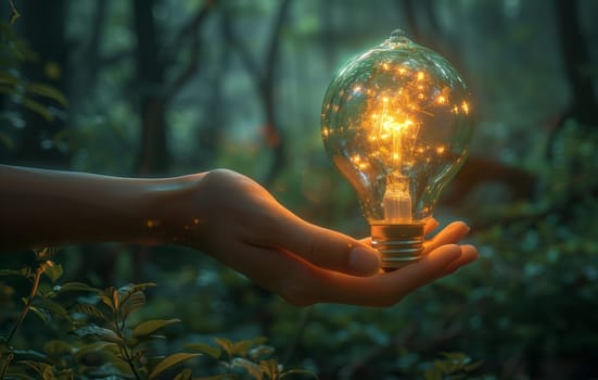 A person is standing in the forest holding a glowing light bulb, surrounded by terrestrial plants, trees, and grass. The glass bulb symbolizes art and creativity in nature