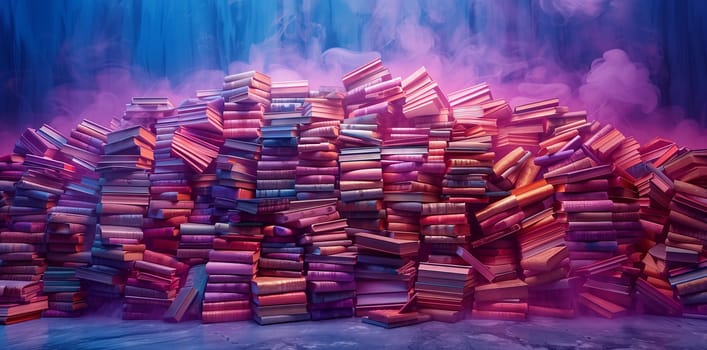 A stack of books in varying shades of purple, magenta, and electric blue is displayed in a room filled with art and entertainment