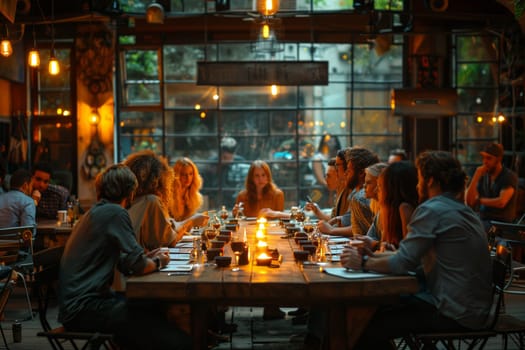 A group of people are sharing a fun event at a long table in a restaurant in the city, surrounded by darkness and building, sitting on chairs and using tableware
