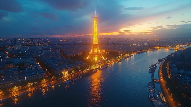 A sunset aerial view of the Eiffel Tower in Paris with colorful clouds in the sky, reflecting off the water, creating a picturesque cityscape