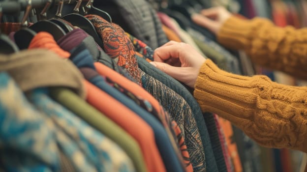 Close-up of a person's hands browsing through a colorful selection of clothing at a vintage fashion store. AIG41