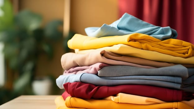 A picturesque scene of a stack of folded clothes in various colors neatly arranged on top of a wooden table, creating a visually pleasing display of fabric textures.