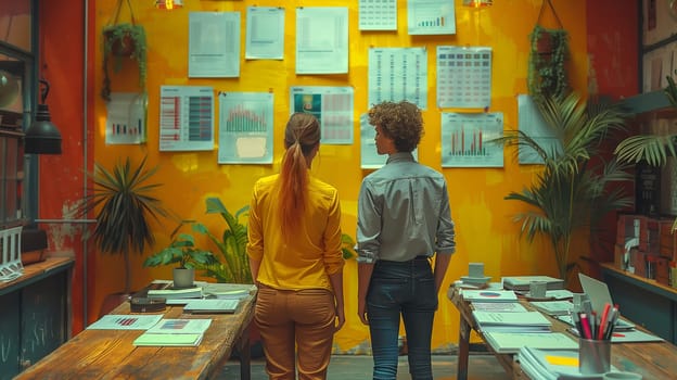 Two women are standing by a table in a room with a yellow wall, surrounded by plants and art. A window next to them allows natural light to enter the building, creating a serene atmosphere