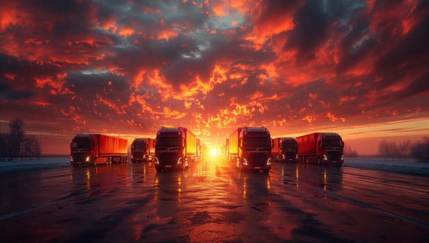 A row of trucks is parked on the side of the road, silhouetted against the stunning sunset sky, creating a beautiful natural landscape at dusk