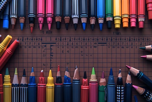 A variety of liquid writing implements in shades of purple, magenta, and violet are neatly organized on a ruler. These office supplies and personal care products include colored pencils and crayons