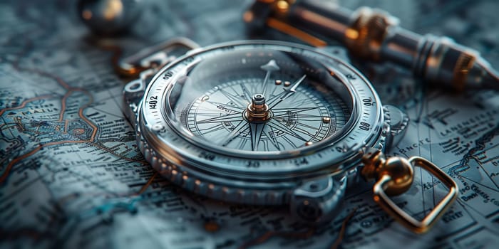 An antique compass rests on a vintage map, surrounded by other items like a gas clock, metal auto part, nickel jewellery, and fashion accessories made from natural materials
