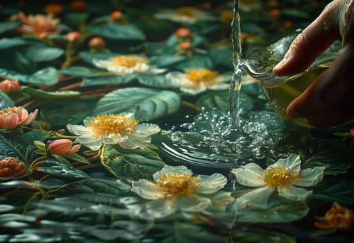 A person is adding water to a pond filled with lotus flowers and lush green leaves, creating a beautiful natural environment for aquatic plants and organisms