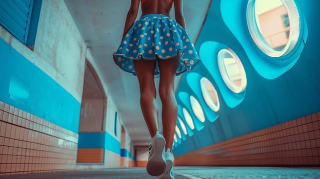 A human body with legs clad in an azure skirt strolls down the hallway. The flowing fabric sways with each step, creating an artistic sense of leisure and entertainment