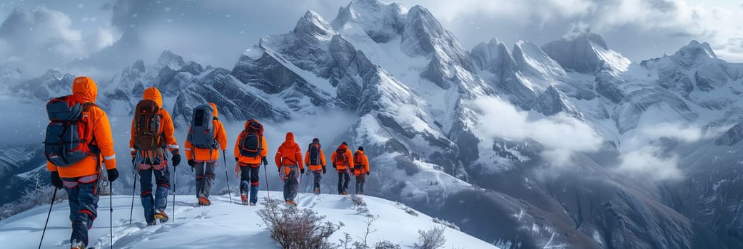 A group of travelers are ascending a snowcovered slope on the mountain, surrounded by clouds and a vast icy landscape. They are exploring the geological phenomenon of an ice cap under the wide sky