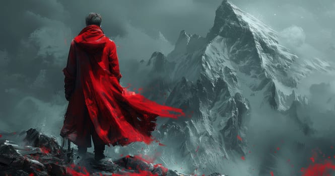 A figure in a crimson coat gazes from the peak of a mountain, surrounded by a stunning landscape. The swirling clouds and howling wind add a touch of mystery to the scene