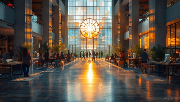 A group of people are strolling through a grand buildings symmetrical floors, admiring its fixtures and facades as the sun sets in the city