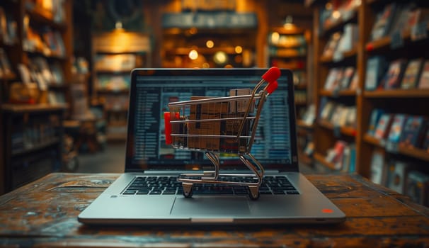 A laptop displaying a shopping cart icon rests on a wooden table in a room filled with shelves and books. The display device is part of a modern entertainment setup in a cozy house