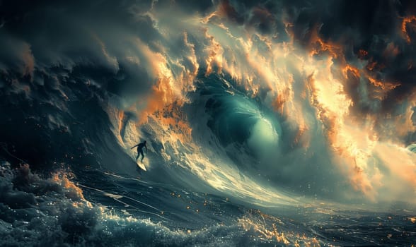The person is surfing a massive wave in the liquid world of the ocean, with the atmosphere filled with wind, clouds, and the sky meeting the horizon in the vast landscape