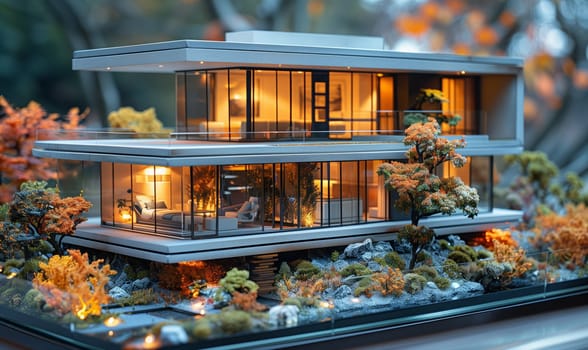 A contemporary house model featuring a facade with numerous windows is displayed on a table, showcasing modern architecture and design