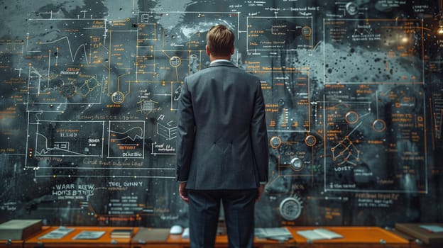 A man in formal wear is standing in front of a large blackboard in a fictional city. The metropolis is surrounded by darkness as a crowd of pedestrians gather for a fun event