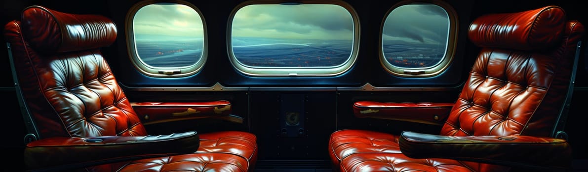 Inside a motor vehicle with two electric blue seats, a window, and a red fixture. The temperature is controlled, creating a comfortable environment for the occupants