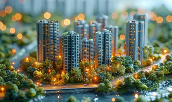 A city with skyscrapers, tower blocks, and condominiums surrounded by a natural landscape of trees. The urban design blends buildings with the world of nature, creating a unique cityscape