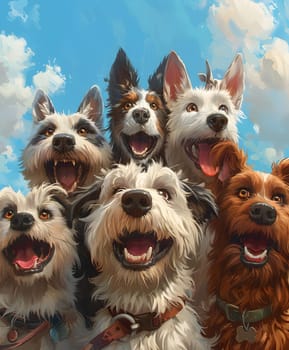 A group of happy dogs of various breeds are posing under the sky with their mouths open, showing off their carnivorous snouts, surrounded by clouds and green plants
