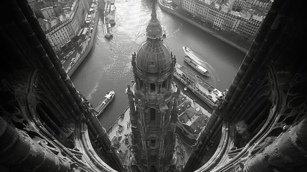 A black and white monochrome photo of a clock tower overlooking a river. The landscape is shrouded in darkness, with an automotive tire in the forefront, capturing a historical moment