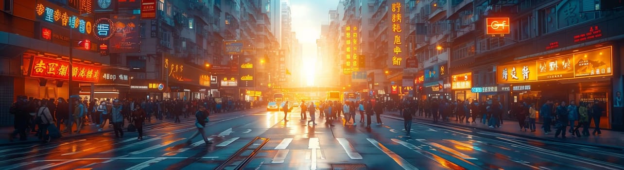 An electric blue sky looms over a blurry picture of people leisurely walking down a city street at sunset, creating a serene natural landscape amidst the citys hustle and bustle