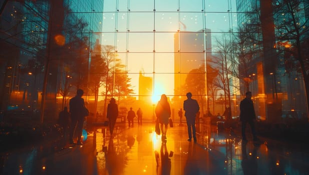 A group of people stroll through a building with the warm sunset creating a striking atmosphere. The sky is painted with hues of orange and pink, reflecting on the water nearby