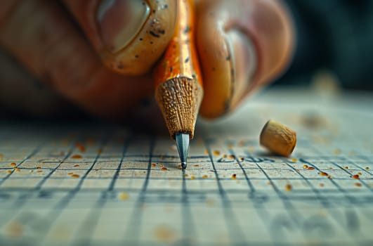 Creating art on a hardwood flooring piece using a pencil, focusing on intricate patterns. Closeup view of a persons wrist holding the pencil
