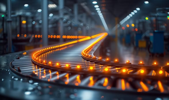 A conveyor belt in a factory, illuminated by orange Automotive lighting, resembles a bustling thoroughfare in a metropolitan area with tower blocks and cityscape in the background