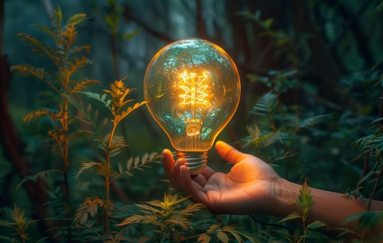 A person is standing in the woods holding a light bulb, surrounded by trees, grass, and other organisms. The glass bulb creates a circle of light, illuminating the natural beauty of the forest