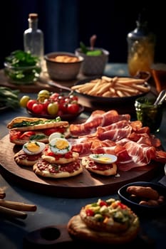 An assortment of charcuterie, cheeses, and garnishes on a dark wooden table.