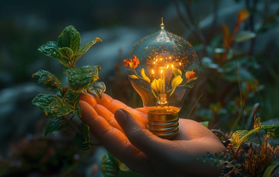 A person is holding an electric blue light bulb with a terrestrial plant growing out of it, symbolizing the fusion of nature and technology