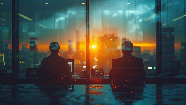 Two individuals are enjoying the sunset view of the city from a window. As darkness falls, the electric blue display of city lights adds to the ambiance