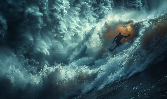 A man is surfing on a wind wave in the ocean, surrounded by the vast landscape of water, sky, and clouds. The atmospheric phenomenon creates an exhilarating experience in the dark, open space